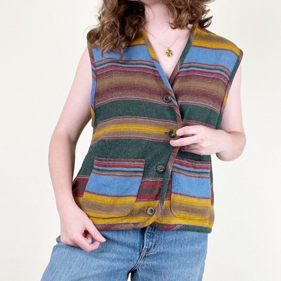 Vintage Striped Wool Oversized Sweater Vest Boho Western Rustic Bohemian Hippie - Picture 3 of 6